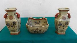 2 jarrones y cuenco de ceramica oriental